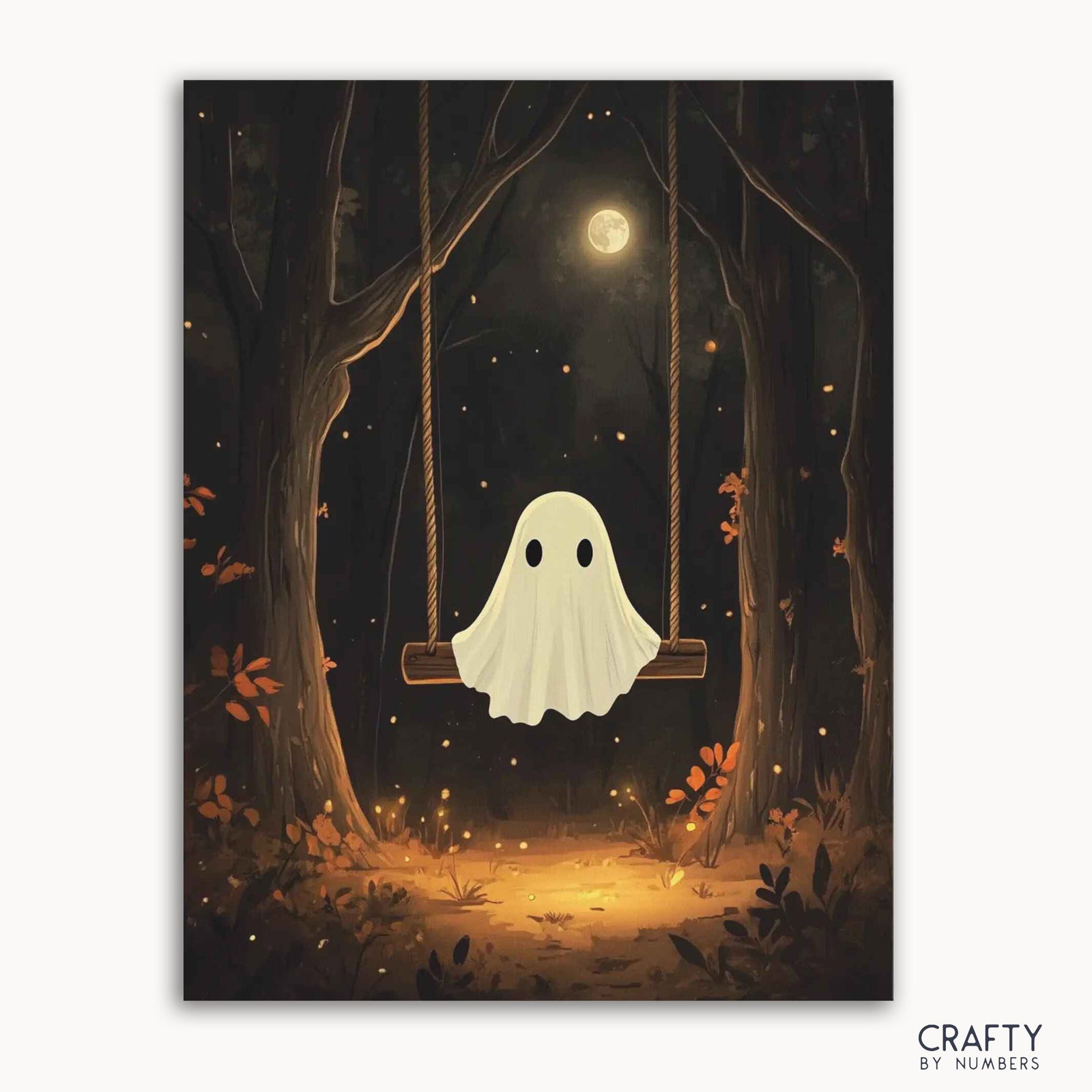 Un kit de pintura por números que representa un fantasma en un columpio en un bosque por la noche con la luna llena de fondo.