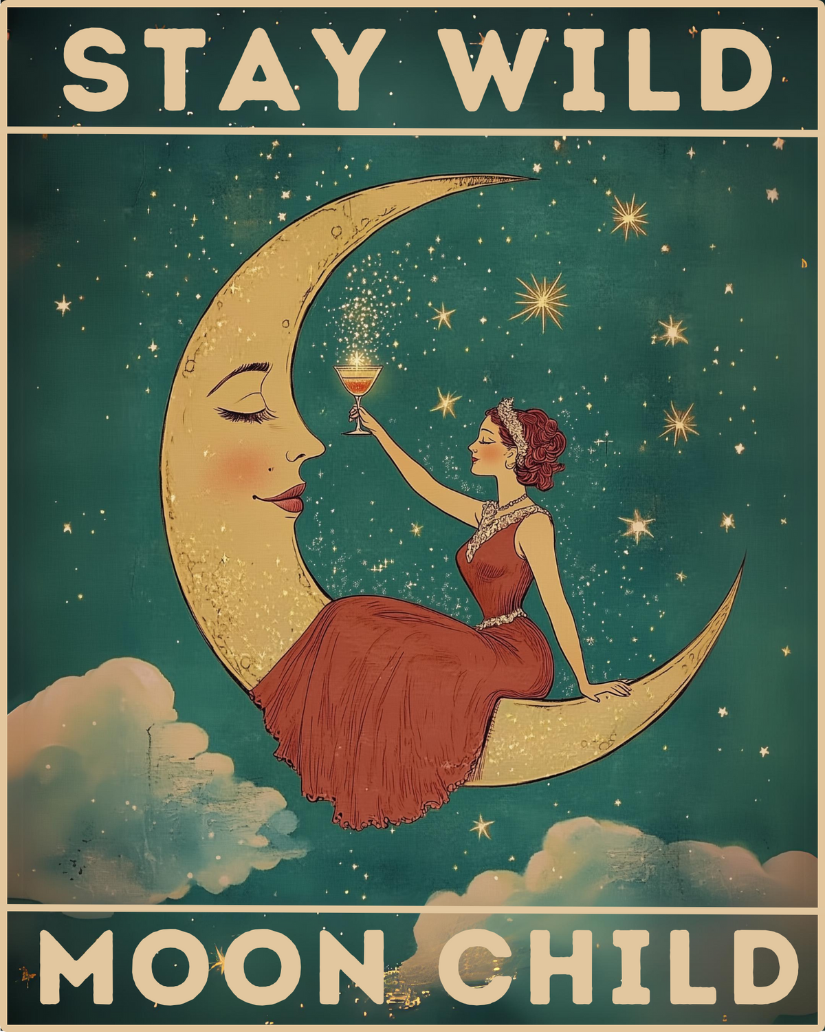 Ein Malen-nach-Zahlen-Set mit einer Vintage-inspirierten Illustration einer Frau, die auf einer Mondsichel sitzt, mit dem Text „STAY WILD MOON CHILD“ oben und unten.