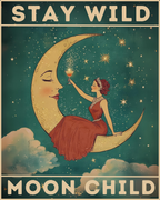 A paint-by-numbers kit with a vintage-inspired illustration of a woman sitting on a crescent moon, with the text 'STAY WILD MOON CHILD' at the top and bottom.