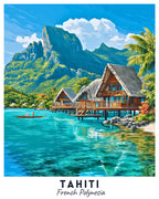 Illustration of Tahiti with bungalows on stilts over turquoise water and lush green mountains.