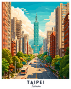 Illustration of a city street in Taipei with the Taipei 101 skyscraper.