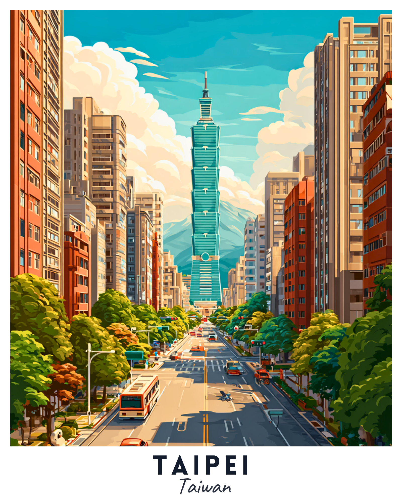 Illustration of a city street in Taipei with the Taipei 101 skyscraper.