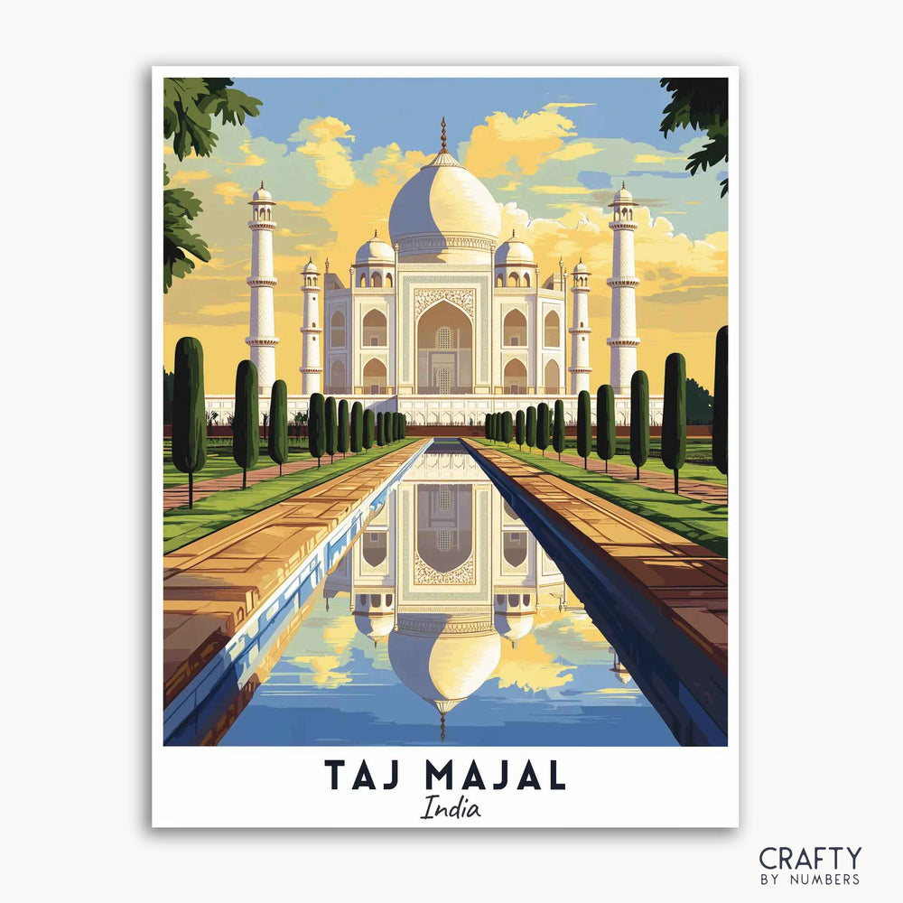 A travel poster depicting the Taj Mahal in India, with a reflection in water, under a blue sky with clouds.