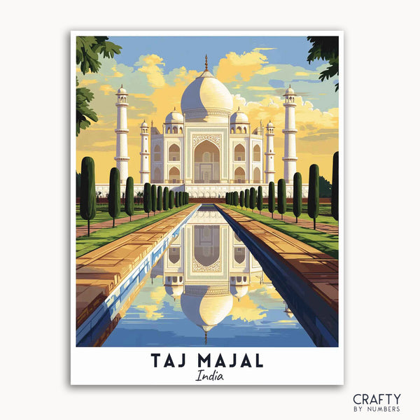 A travel poster depicting the Taj Mahal in India, with a reflection in water, under a blue sky with clouds.