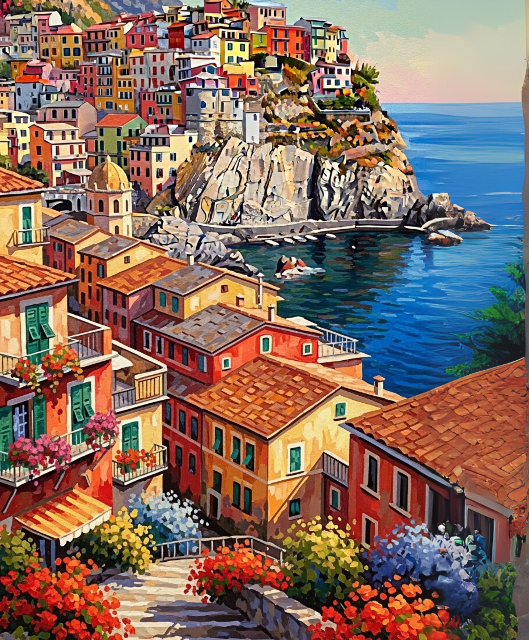 Colorful coastal town with houses and flowers by the sea