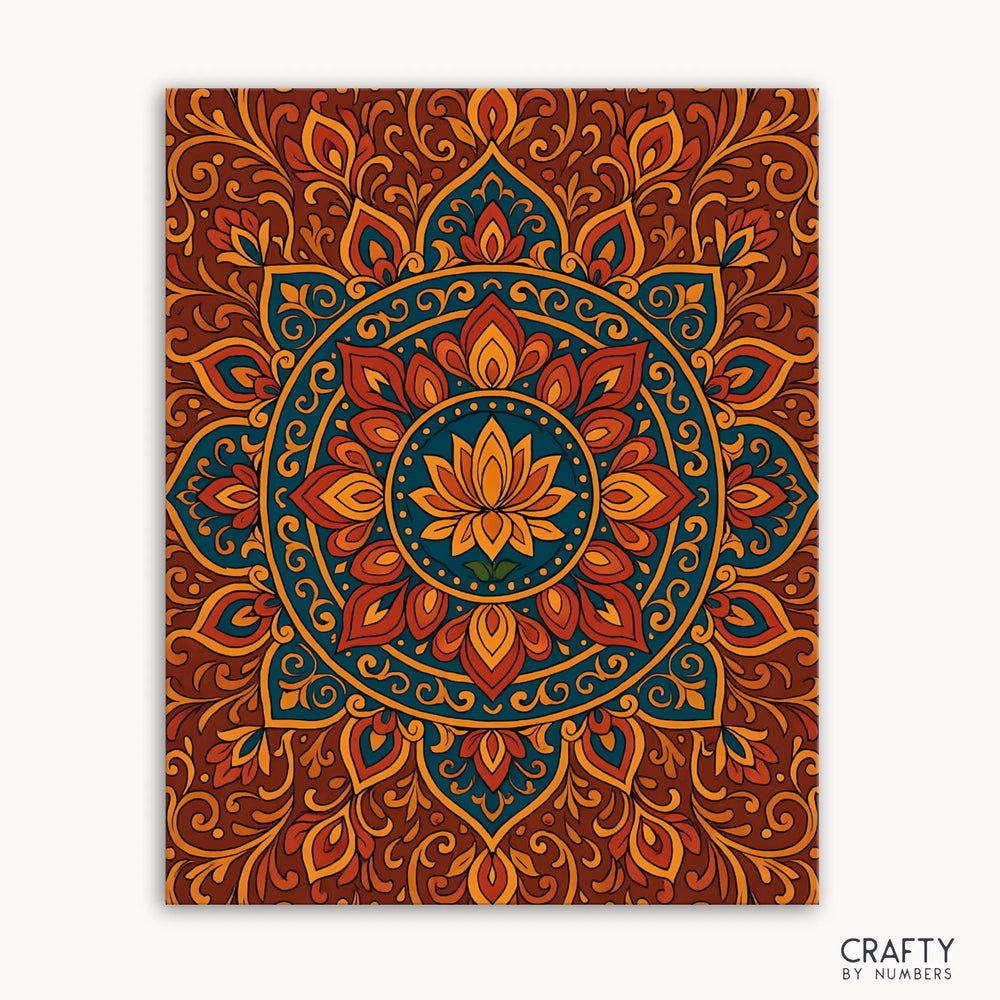 Terracotta Lotus Mandala Paint by Numbers kit featuring a warm mandala design with terracotta, gold, and teal hues inspired by sacred geometry and natural tones