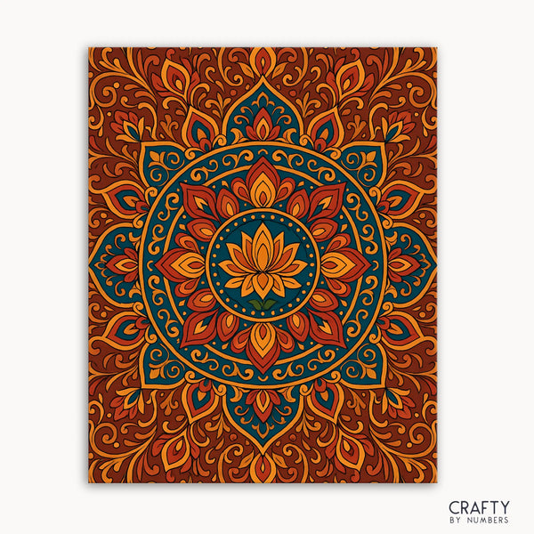 Terracotta Lotus Mandala Paint by Numbers kit featuring a warm mandala design with terracotta, gold, and teal hues inspired by sacred geometry and natural tones