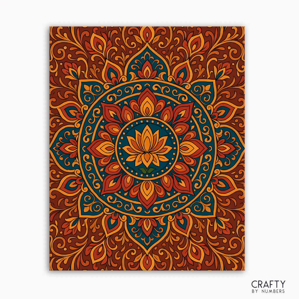 Terracotta Lotus Mandala Paint by Numbers kit featuring a warm mandala design with terracotta, gold, and teal hues inspired by sacred geometry and natural tones