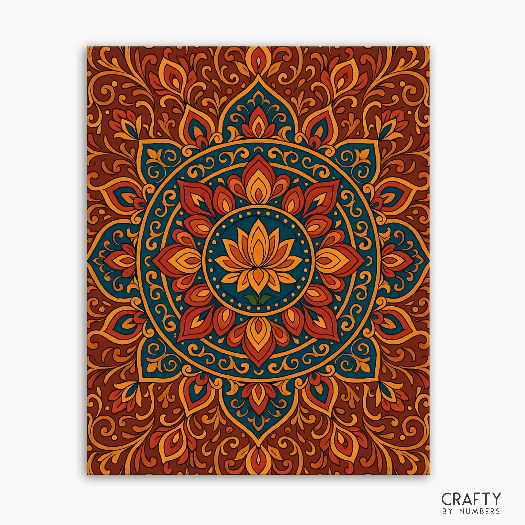 Terracotta Lotus Mandala Paint by Numbers kit featuring a warm mandala design with terracotta, gold, and teal hues inspired by sacred geometry and natural tones