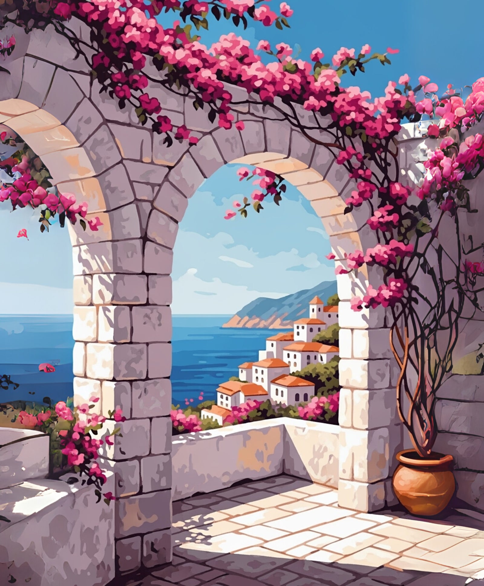 Voûte en pierre avec fleurs roses surplombant une ville côtière.