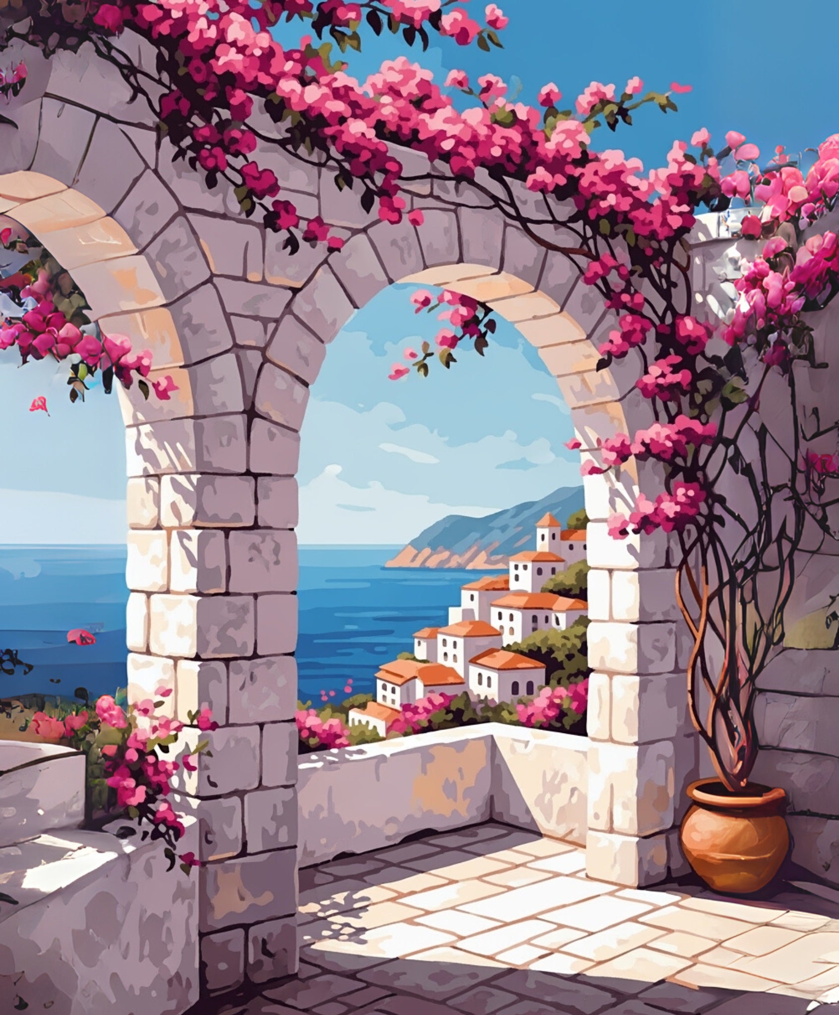 Stone archway with pink flowers overlooking a coastal town.