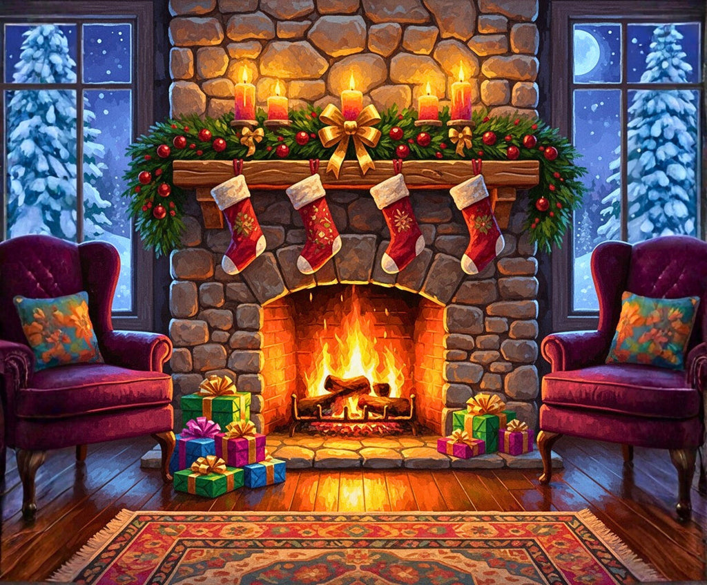 A stone fireplace with Christmas stockings between two purple armchairs.