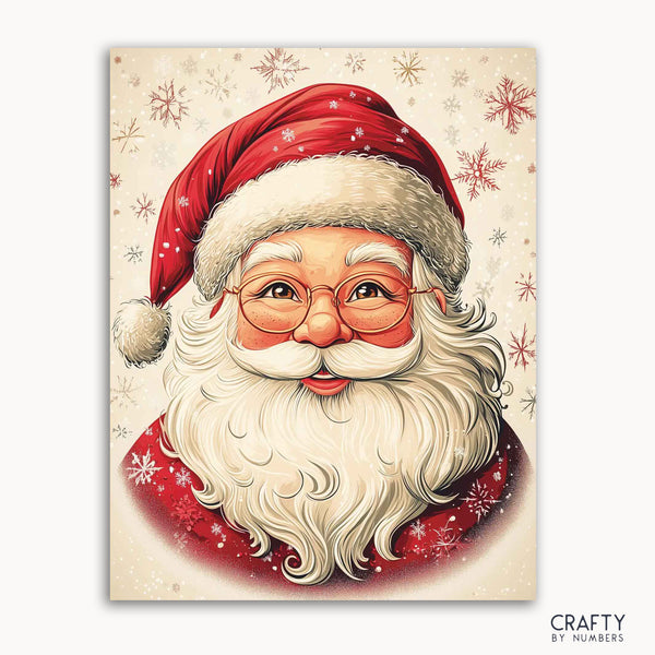 A paint by numbers kit depicting a stylized portrait of Santa Claus with a red hat, white beard, and glasses, surrounded by snowflakes.