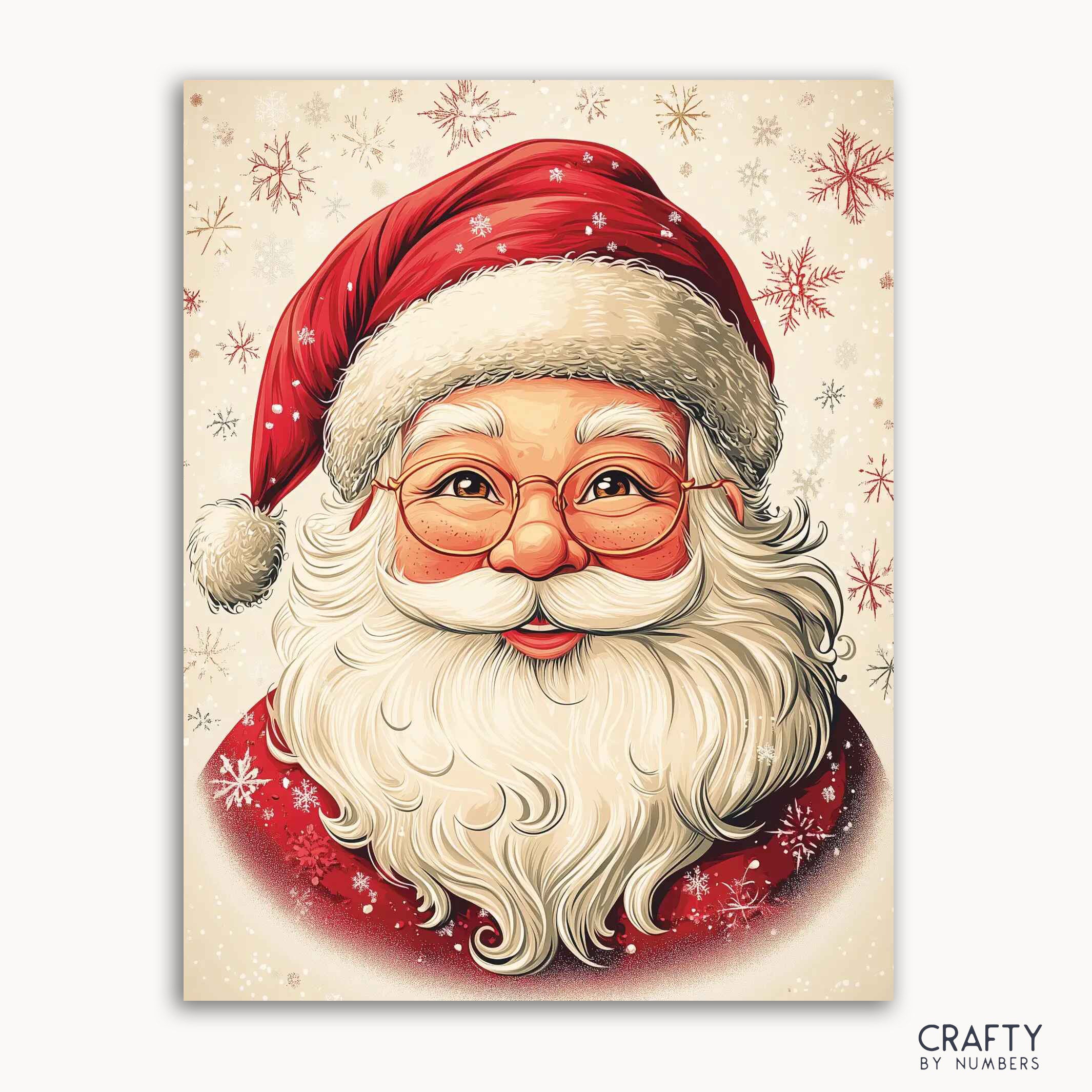 A paint by numbers kit depicting a stylized portrait of Santa Claus with a red hat, white beard, and glasses, surrounded by snowflakes.