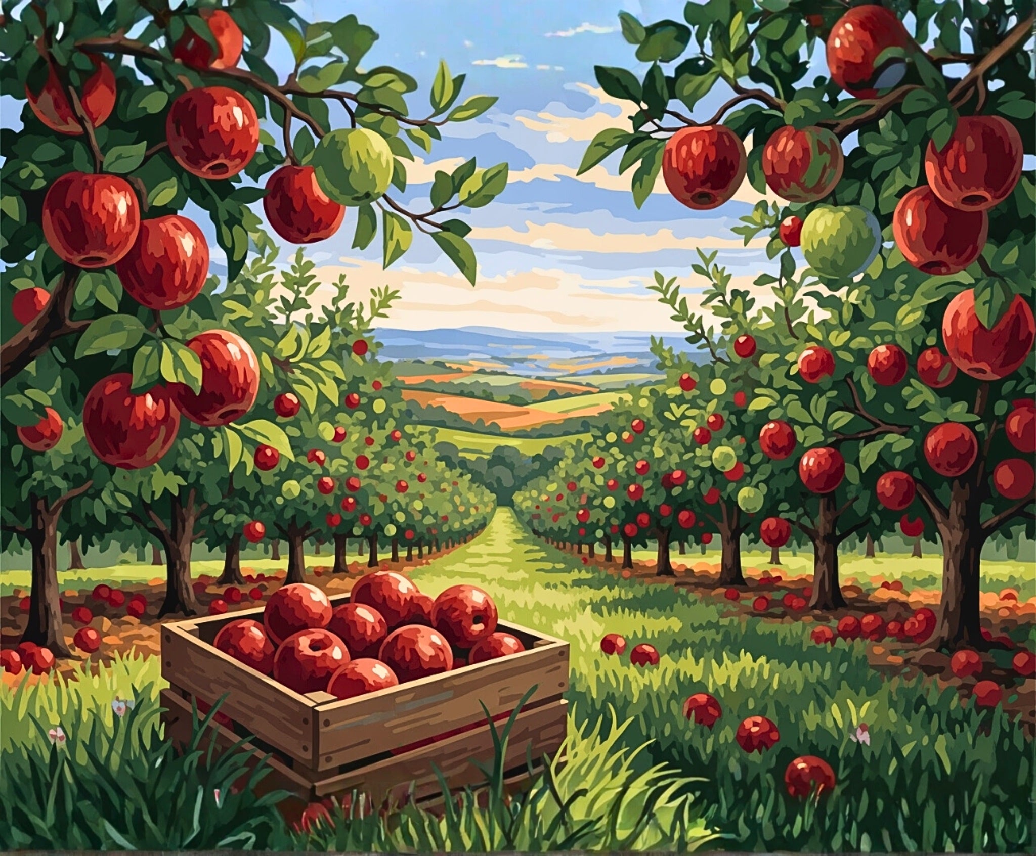 Apple orchard with red apples on trees and a wooden crate filled with apples.