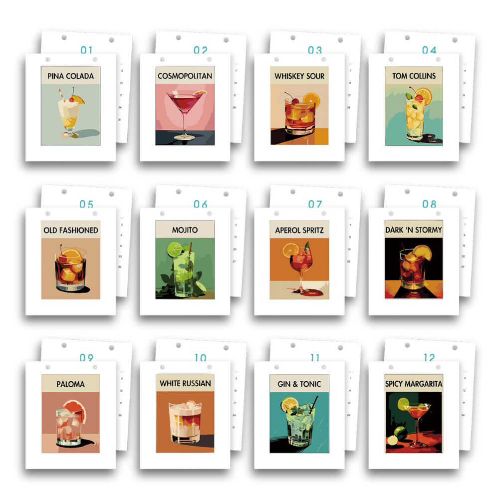 DIY Cocktail Calendar paint by numbers kit with colorful cocktail-themed illustrations.