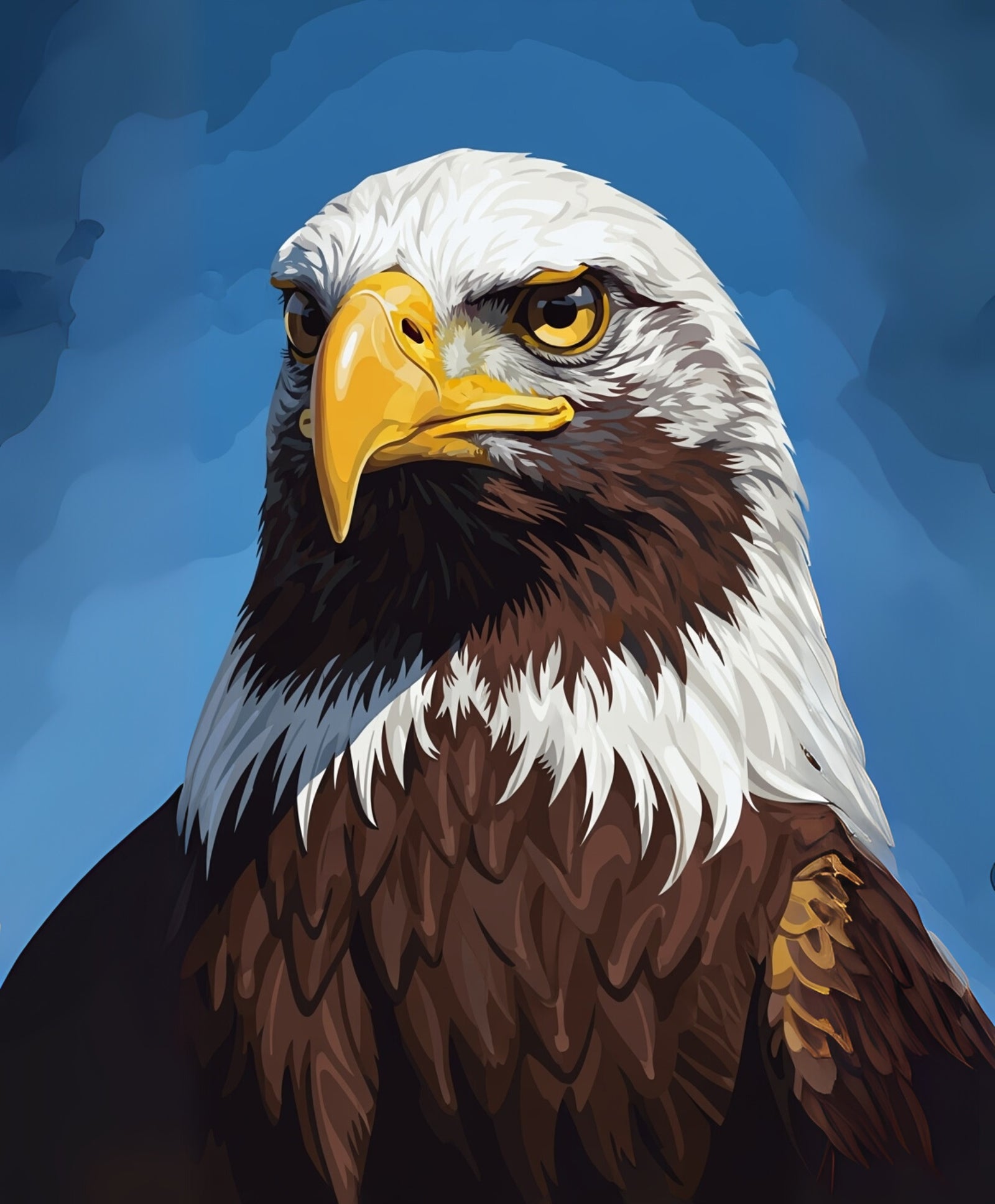 Close-up of a bald eagle against a blue background
