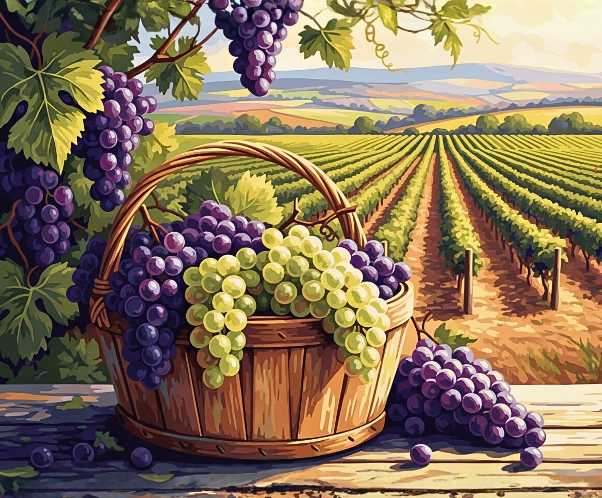 Basket of grapes with vineyard in the background