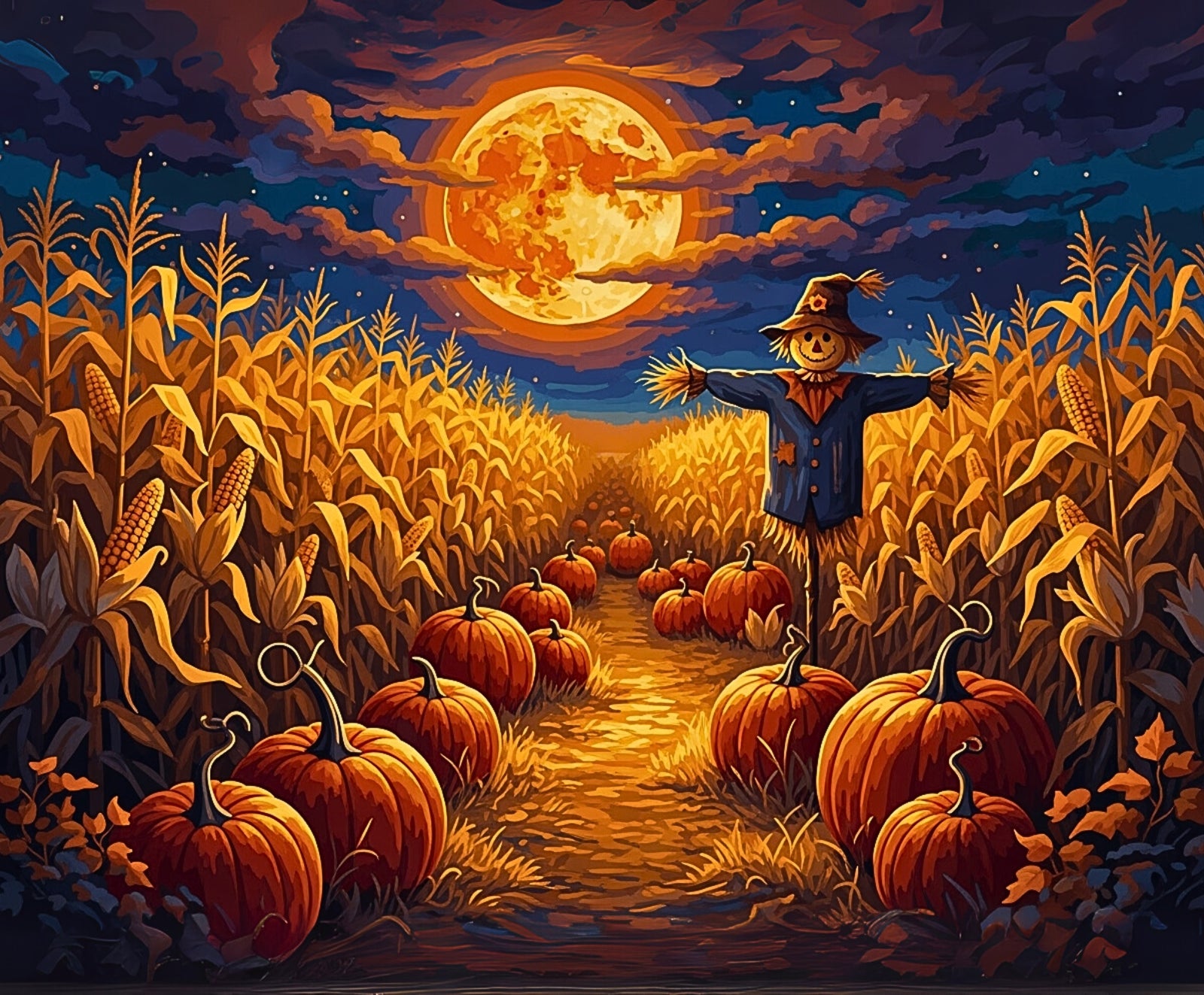 Scarecrow in a pumpkin patch with a full moon in the sky