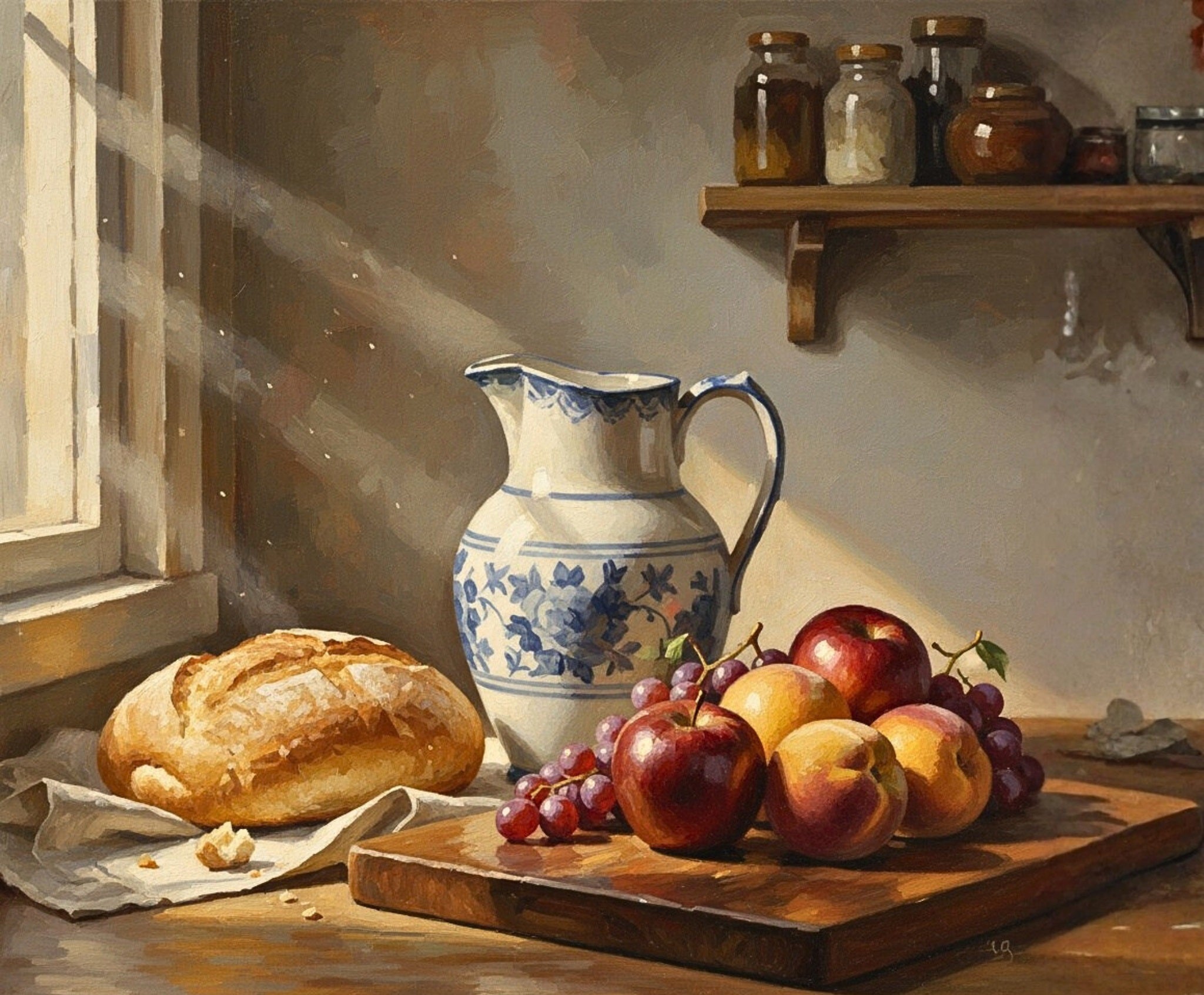 Still life with bread, fruits, and a pitcher on a wooden table.