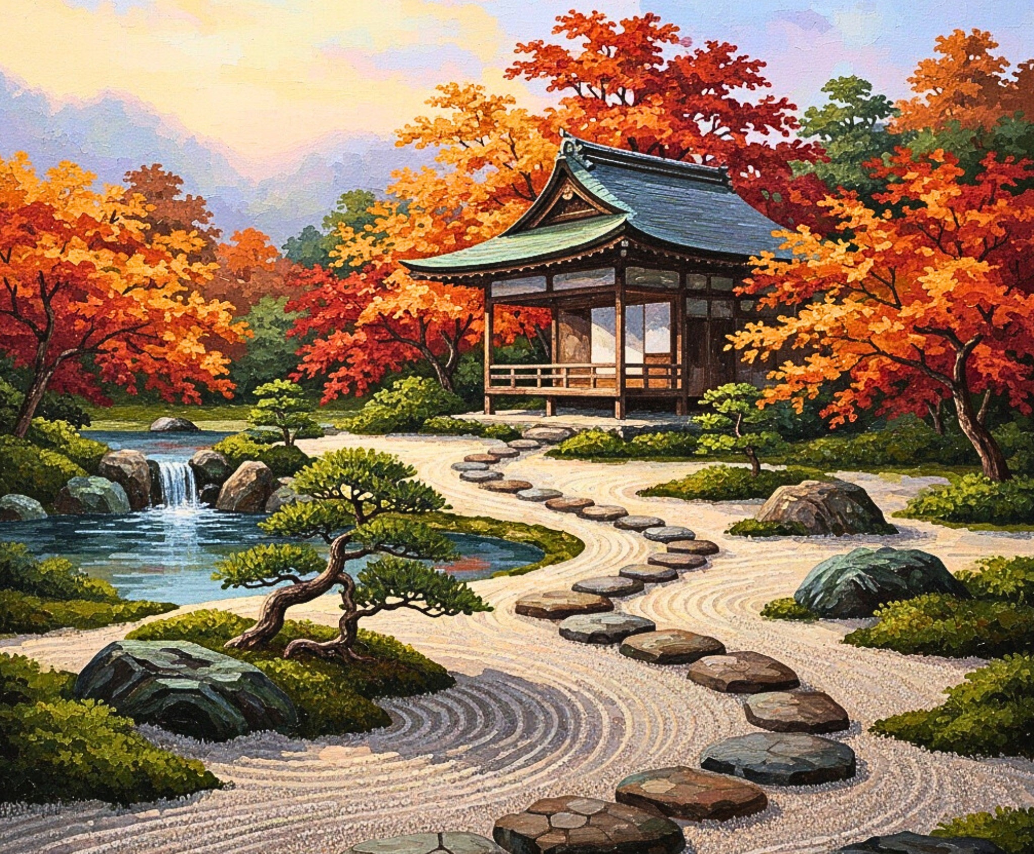Peaceful Japanese garden with a traditional wooden pavilion, autumn trees, and a stream.