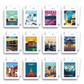 Set of 12 travel-themed posters with various destinations on a white background