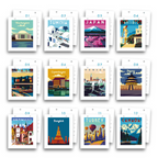 Set of 12 travel-themed posters with various destinations on a white background