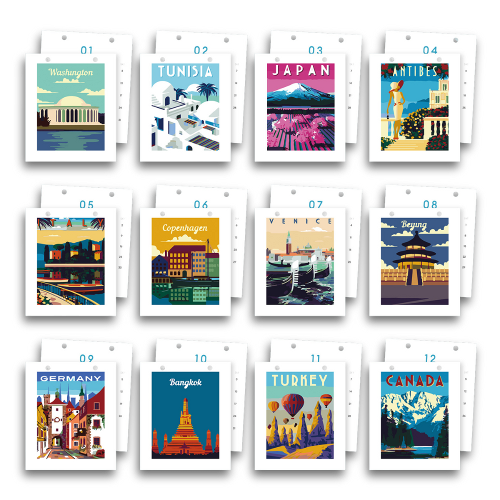 Set of 12 travel-themed posters with various destinations on a white background