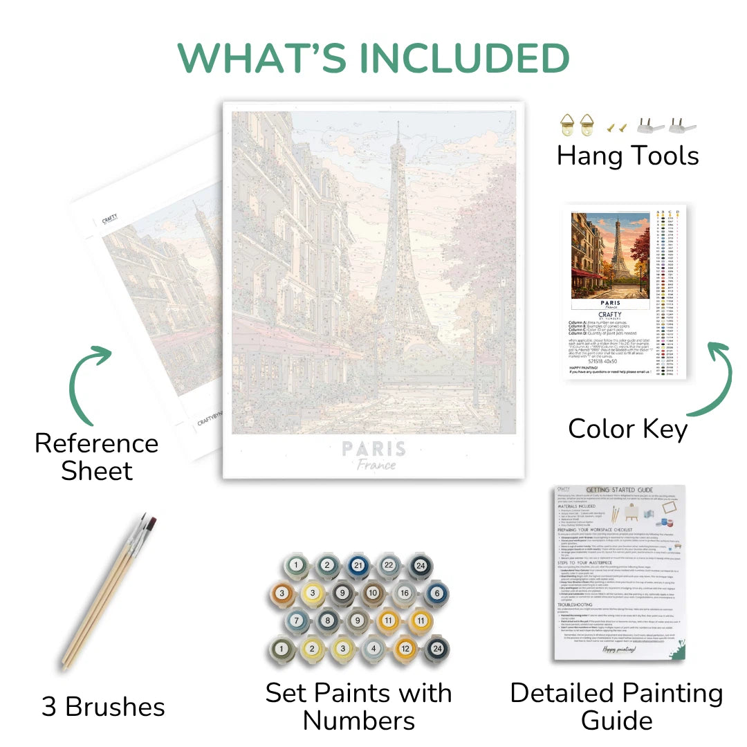 Artistic painting kit components including reference sheet, brushes, paint set, color key, and detailed guide on a white background.