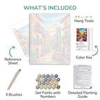 Artistic painting kit components including a painting, reference sheet, brushes, set paints, color key, and detailed painting guide.