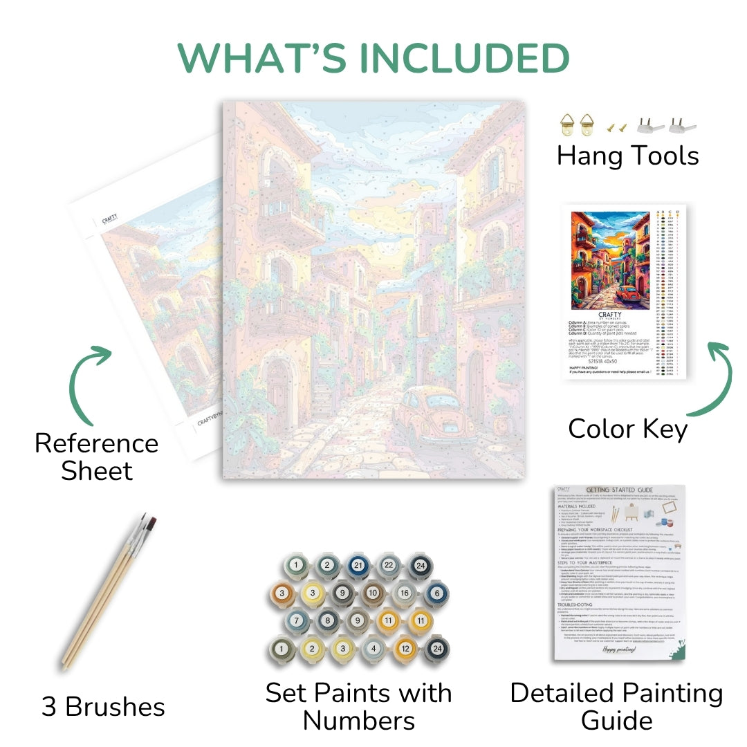 Komponenten des künstlerischen Malkits, einschließlich eines Gemäldes, eines Referenzblatts, Pinsel, eingestellter Farben, eines Farbschlüssels und einer detaillierten Malanleitung.