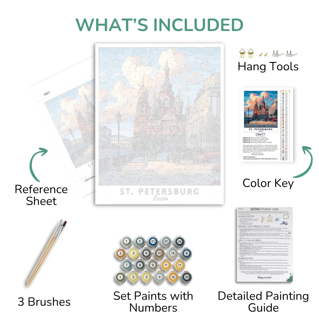 Collection of art supplies including a painting, reference sheet, brushes, set paints with numbers, color key, and detailed painting guide on a white background.