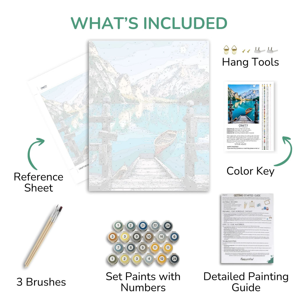 Artistic painting kit components including a reference sheet, paint set with numbers, brushes, and a detailed painting guide.