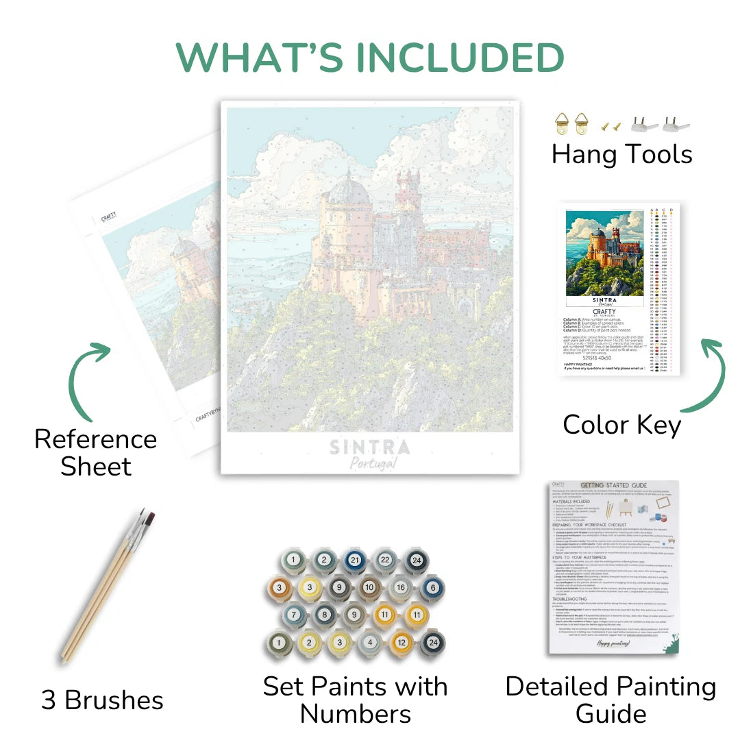 Collection d'articles inclus dans un kit de peinture comprenant une illustration de château, des pinceaux, un kit de peinture et une feuille de référence.