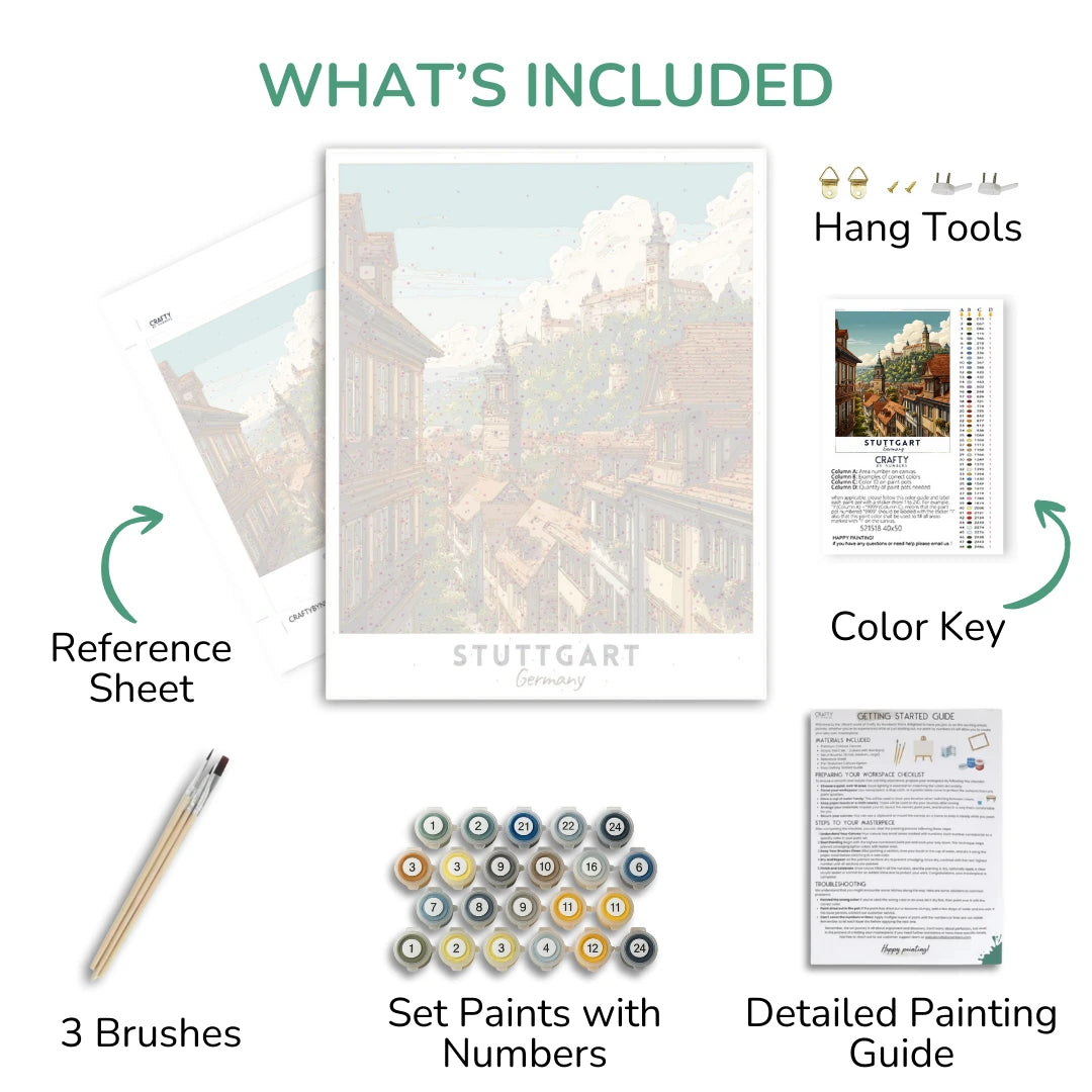 Artistic painting kit components including a painting, reference sheet, brushes, set paints, color key, and detailed painting guide.