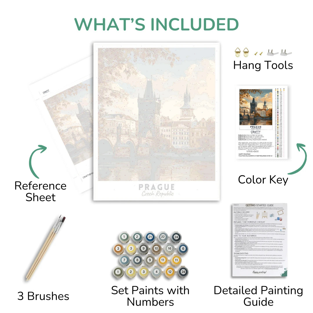 Artistic painting kit components including a print, reference sheet, brushes, set paints, color key, and detailed painting guide.