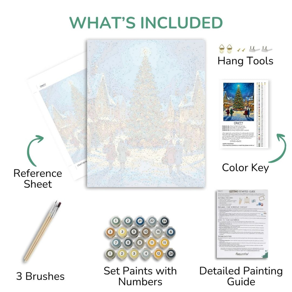Twilight Tree in Wintertown kit contents: canvas, numbered paints, three brushes, reference sheet and guide.