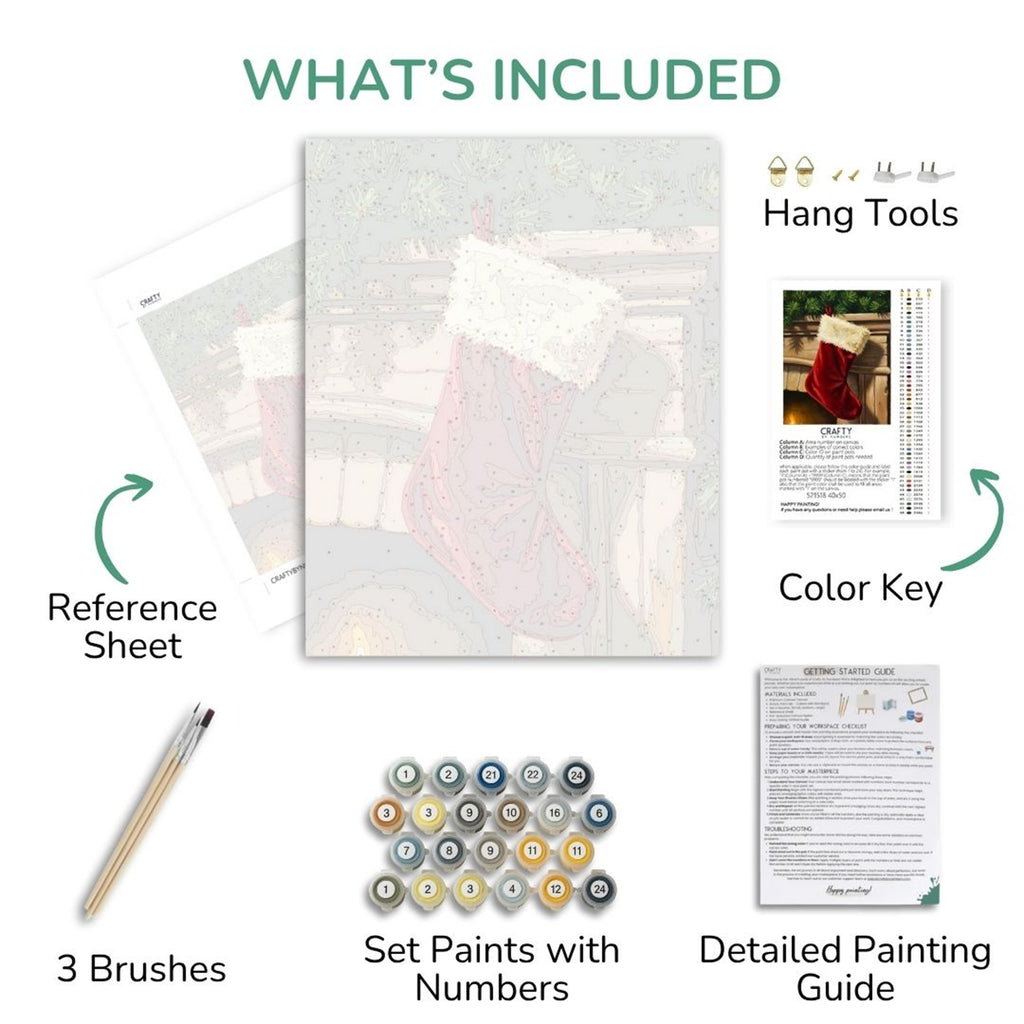 The Christmas Hearth kit contents: canvas, numbered paints, three brushes, reference sheet and guide.