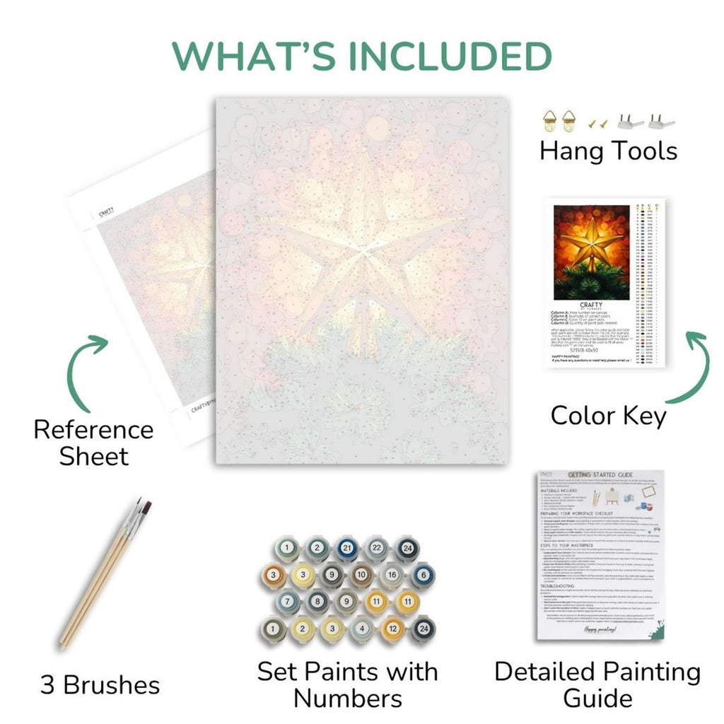 Star of the Season kit contents: canvas, numbered paints, three brushes, reference sheet and guide.