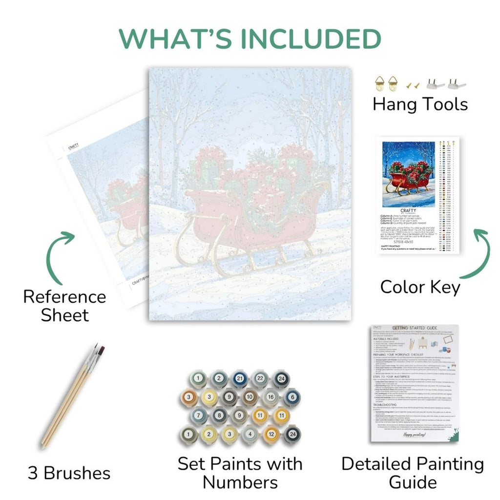 Sleighful of Cheer kit contents: canvas, numbered paints, three brushes, reference sheet and guide.