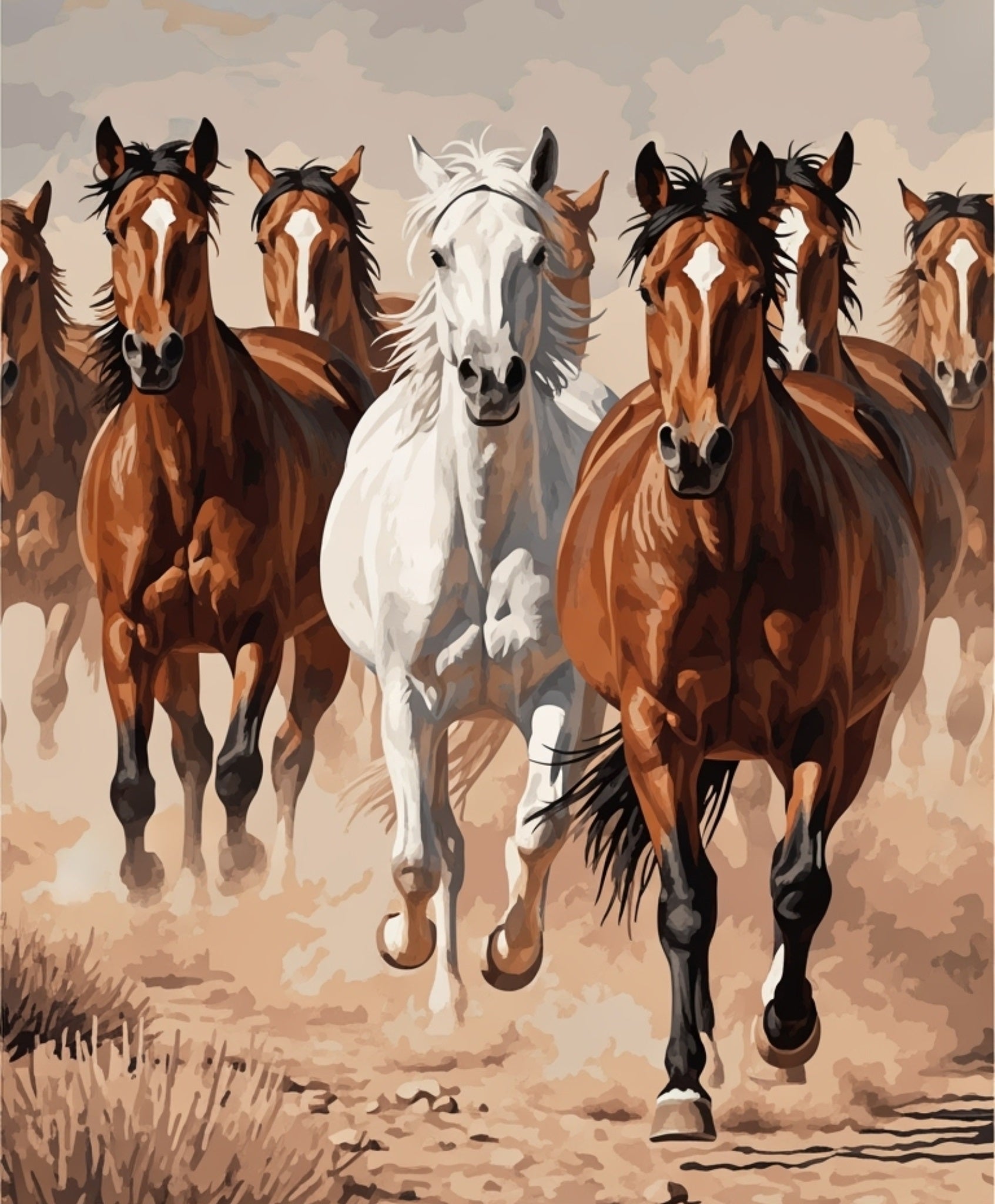 Horses running on a dirt path with a neutral background