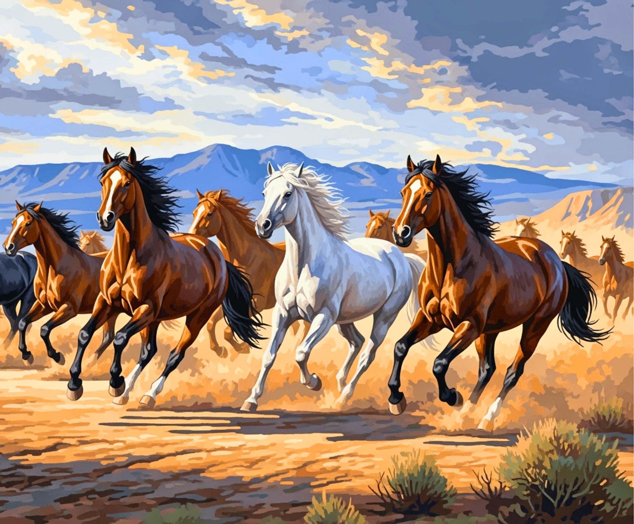 Painting of horses running in a desert landscape with mountains in the background.