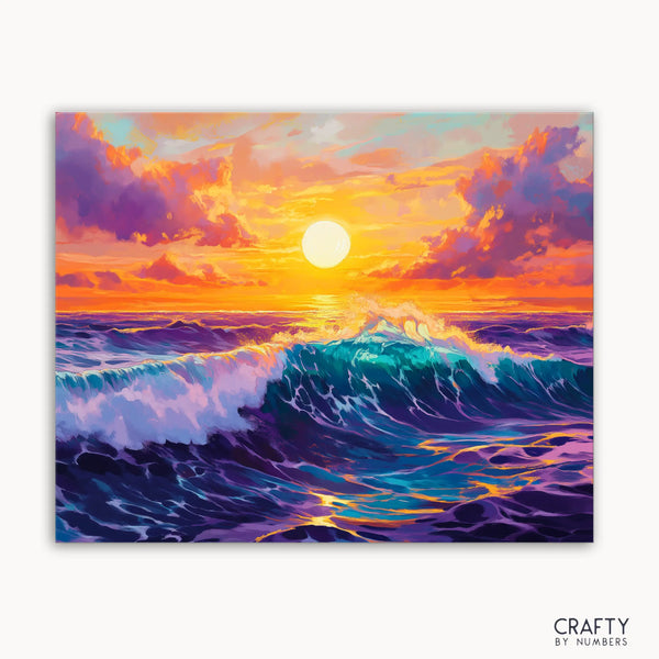 A paint by numbers kit image featuring a vibrant sunset over the ocean with dynamic waves and brilliant colors.