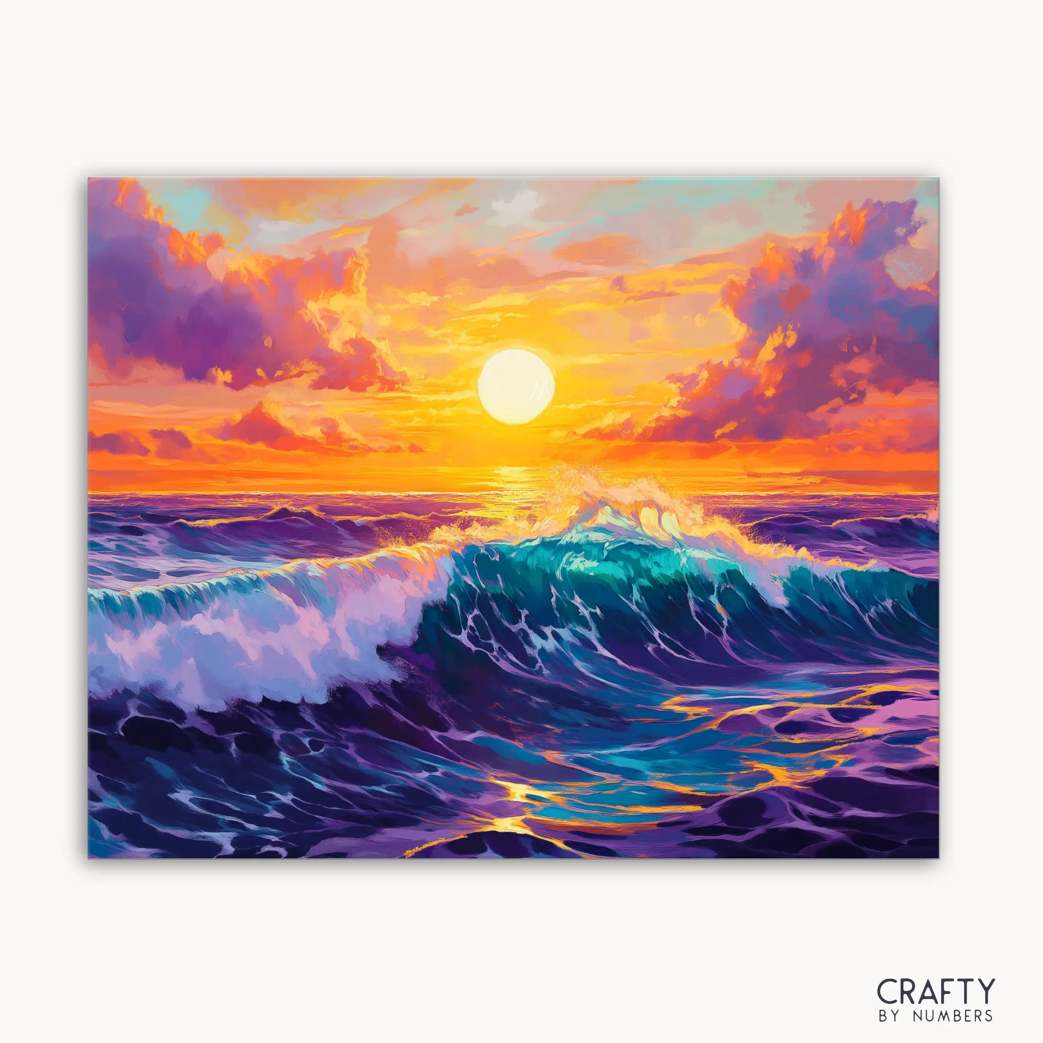 A paint by numbers kit image featuring a vibrant sunset over the ocean with dynamic waves and brilliant colors.