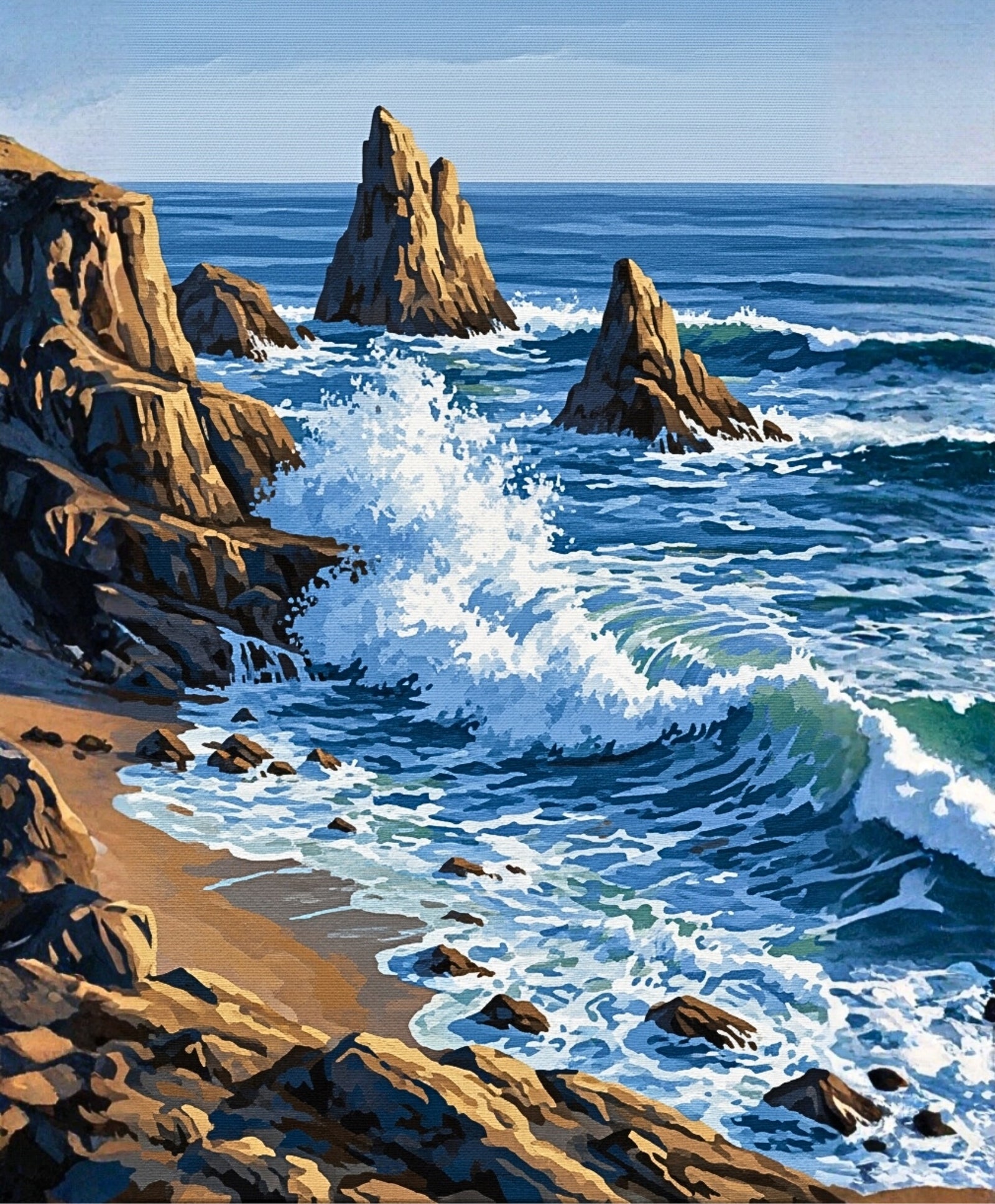 Scène côtière avec des vagues s'écrasant contre les rochers sur une plage de sable.