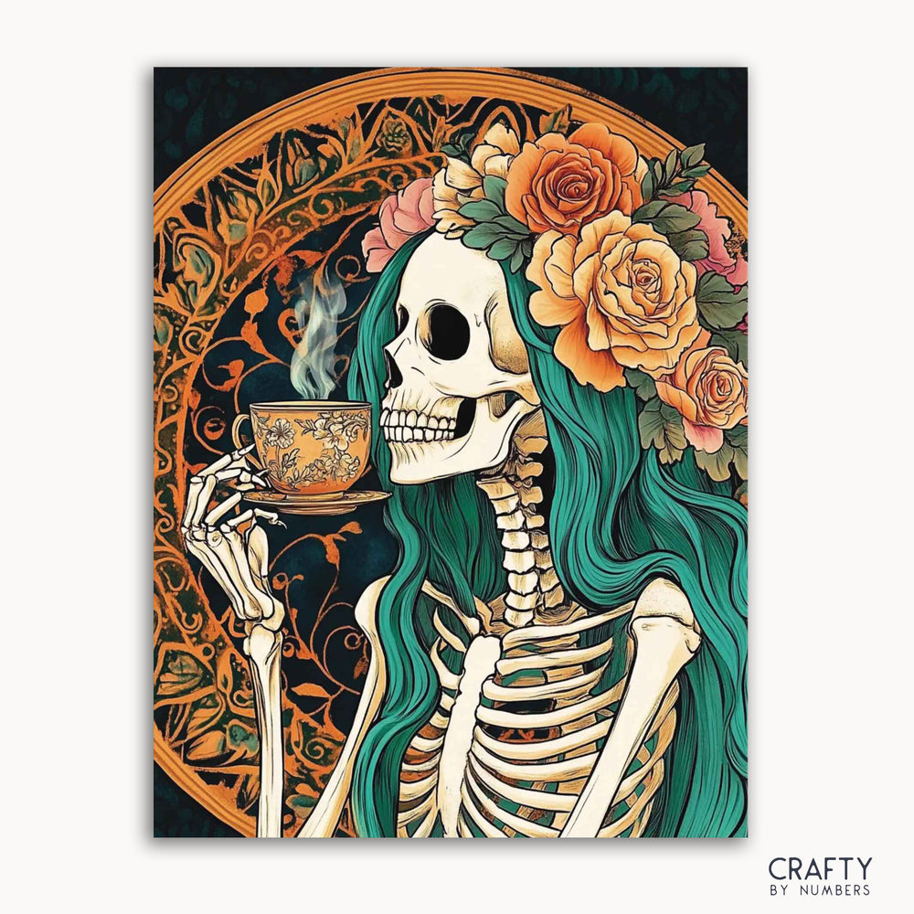 A paint by numbers kit featuring a whimsical design with a skeleton holding a cup of tea, surrounded by floral elements and a decorative background.