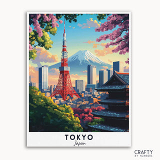 Un kit de peinture par numéros représentant une affiche de voyage vibrante de Tokyo, au Japon, avec la tour de Tokyo, le mont Fuji et des fleurs de cerisier.