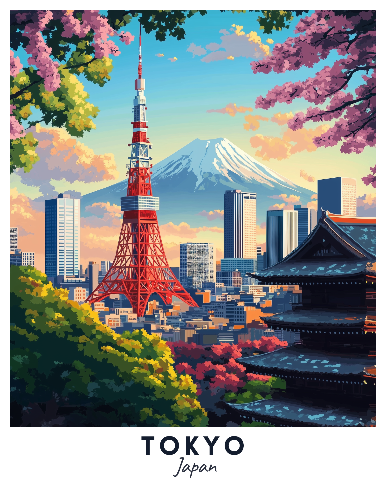 A paint-by-numbers kit depicting a vibrant travel poster of Tokyo, Japan, with the Tokyo Tower, Mount Fuji, and cherry blossoms. Beautiful acrylic paint set.