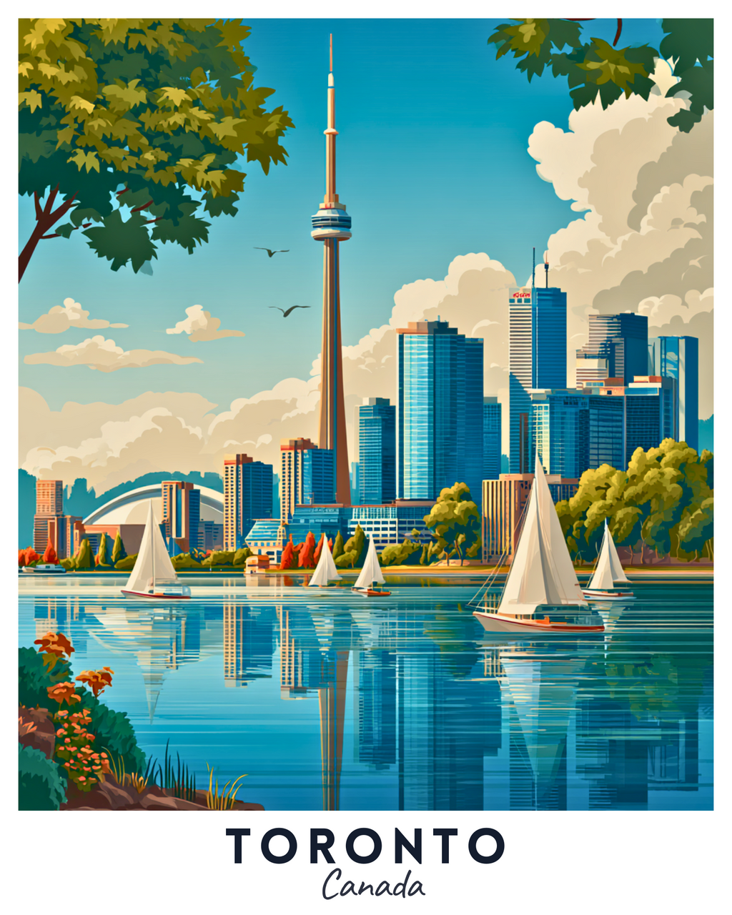 Illustration of Toronto skyline with CN Tower and sailboats on a lake