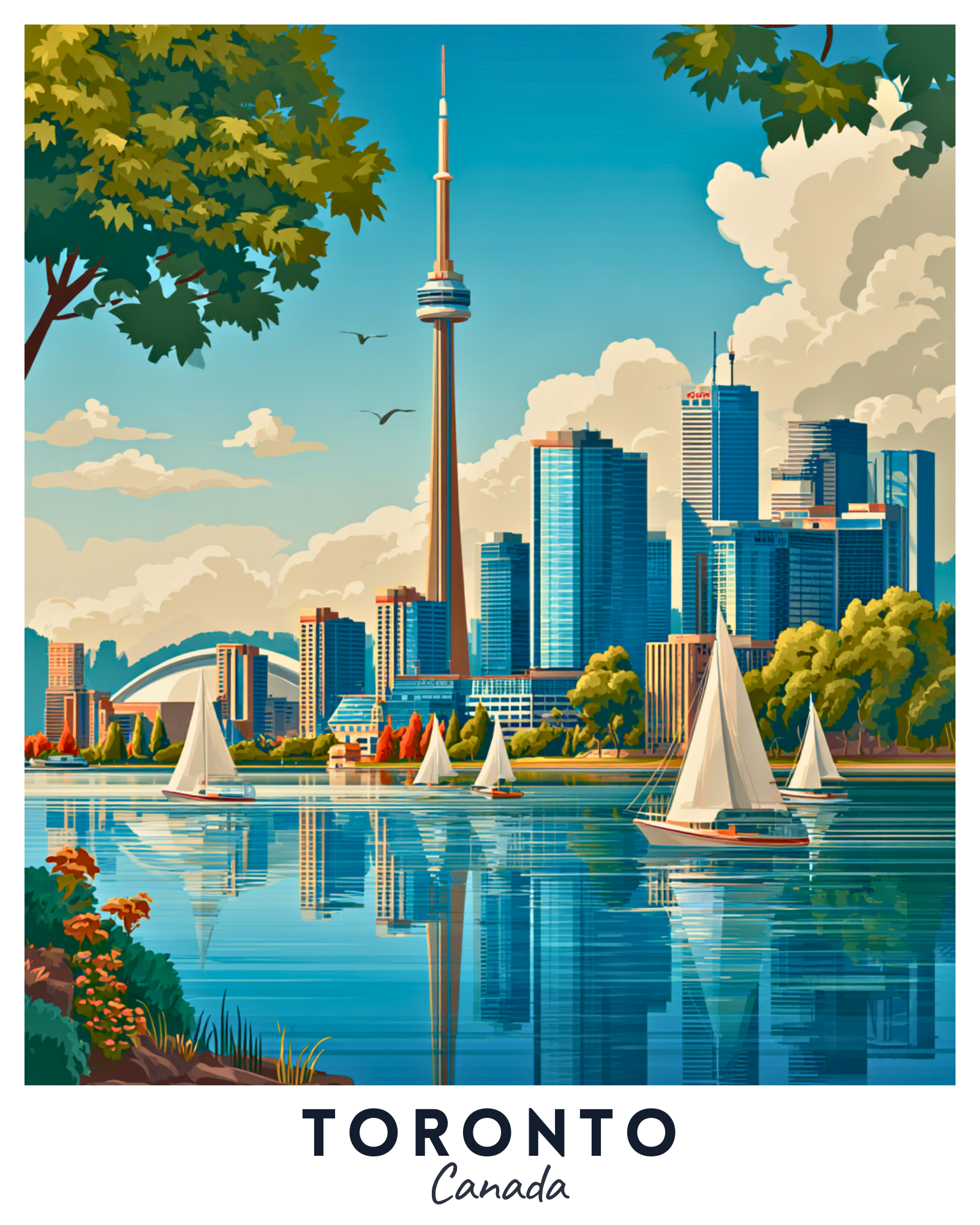 Illustration of Toronto skyline with CN Tower and sailboats on a lake